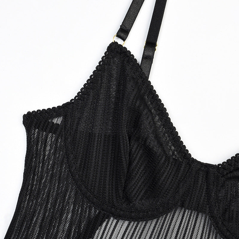 Black Striped Mesh Sheer Bodysuit Bra Details