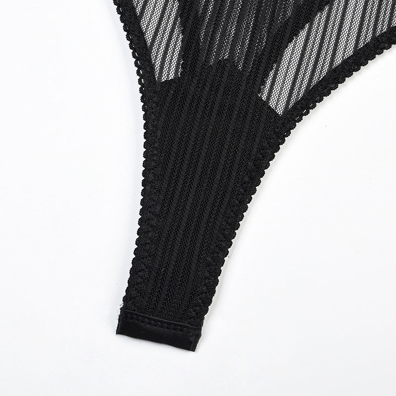 Black Striped Mesh Sheer Bodysuit Crotch Details