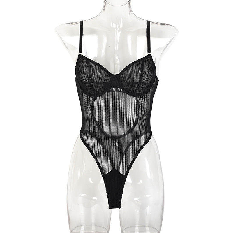 Black Striped Mesh Sheer Bodysuit Front View