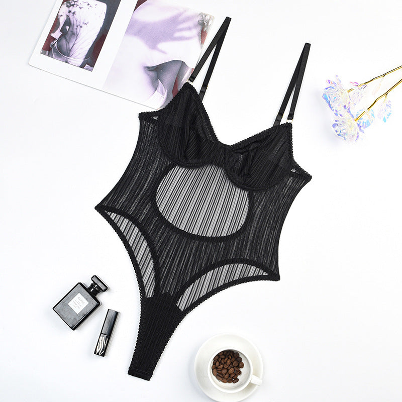Black Striped Mesh Sheer Bodysuit Over View