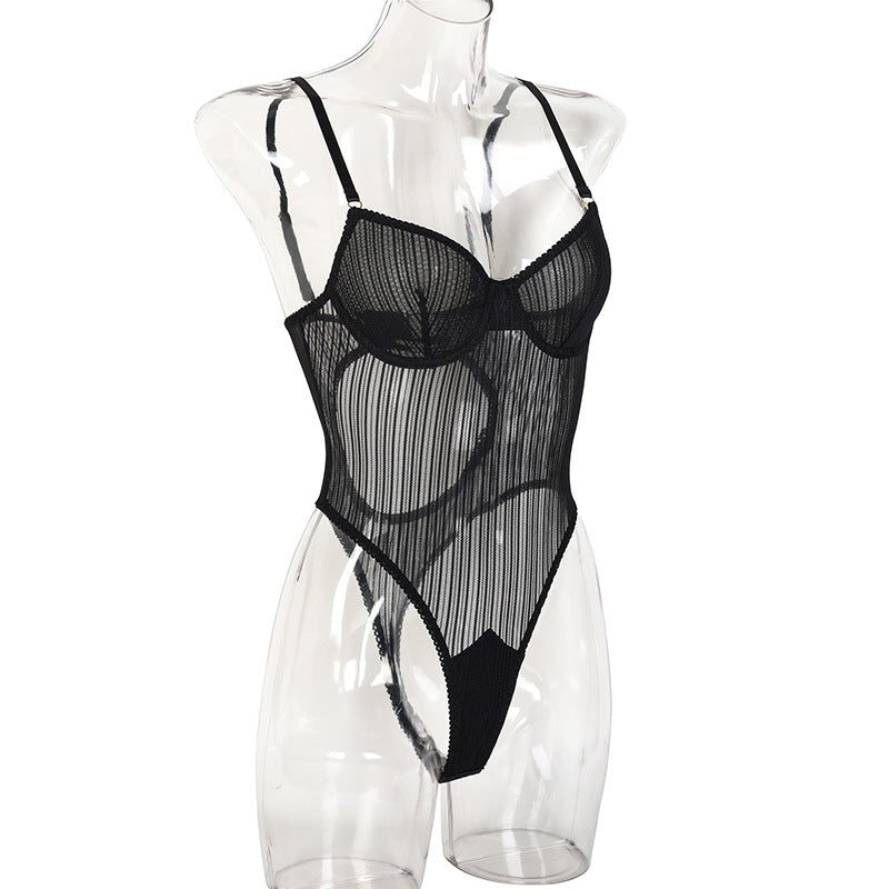 Black Striped Mesh Sheer Bodysuit Side View
