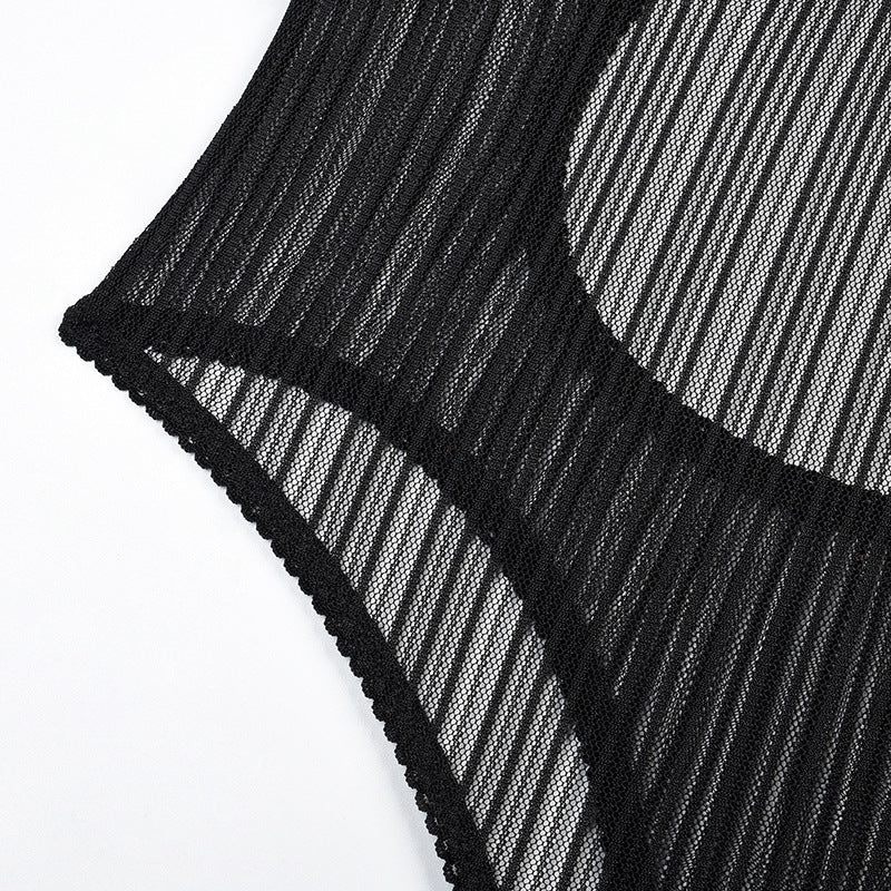 Black Striped Mesh Sheer Bodysuit Waist Details
