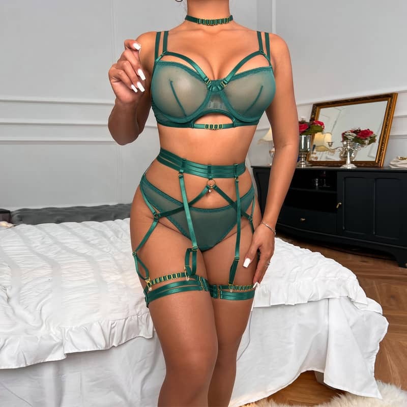 Emerald Green Double Shoulder Strap 6 Piece Bra Panty Sets Model Show
