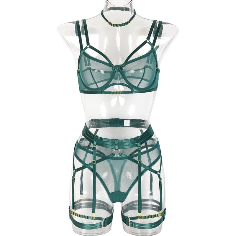 Emerald Green Double Shoulder Strap 6 Piece Bra Panty Sets