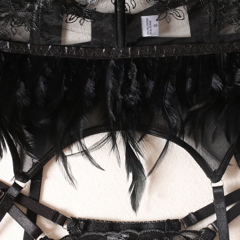Enigmatic Feather Trimmed Lace Lingerie Set Details