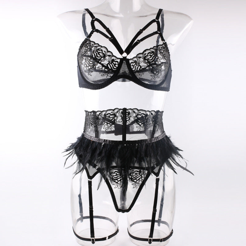Enigmatic Feather Trimmed Lace Lingerie Set Front View
