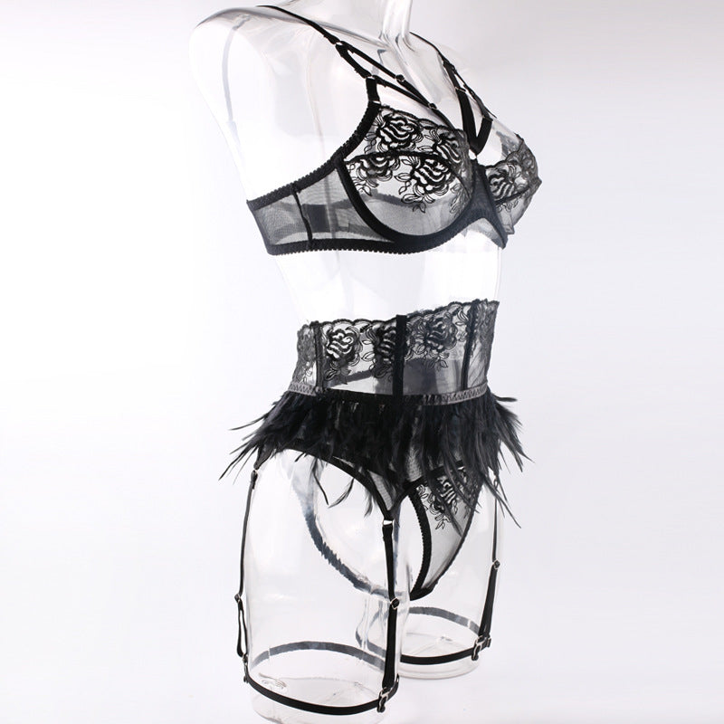 Enigmatic Feather Trimmed Lace Lingerie Set Side View