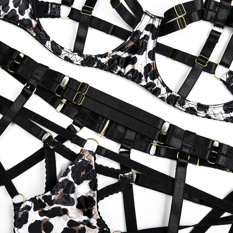 Leopard Exposure Bra Set with Halter Neck Waist Details