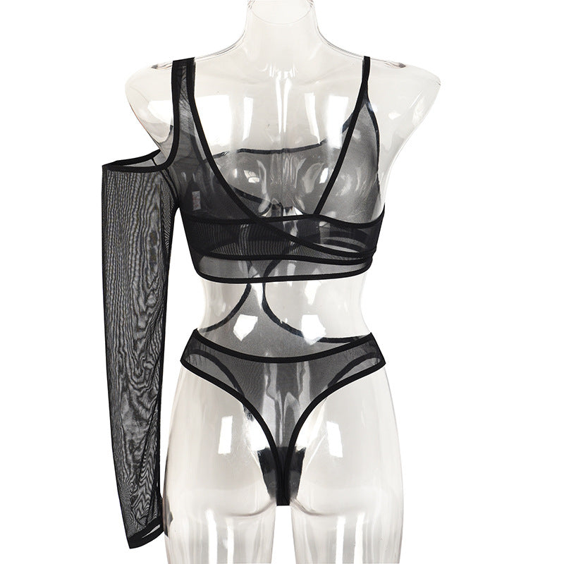 One-Shoulder Mesh Bodysuit with Long Sleeve Back Show