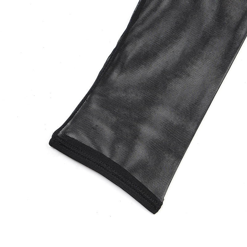 One-Shoulder Mesh Bodysuit with Long Sleeve Crotch Details