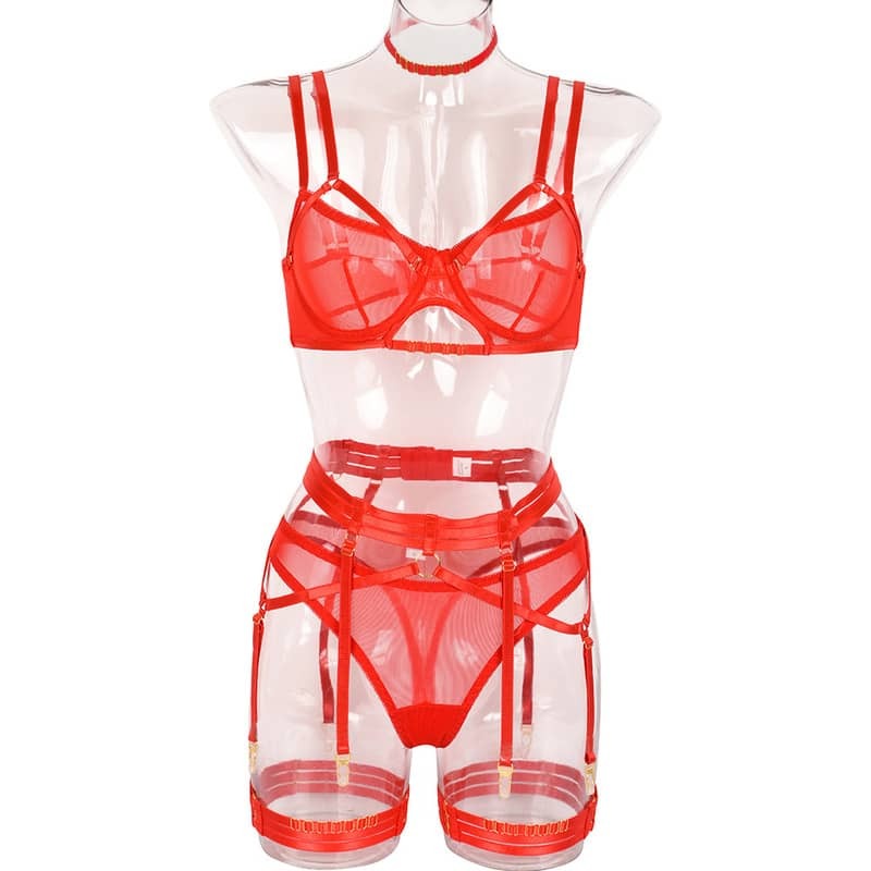 Red Double Shoulder Strap 6 Piece Bra Panty Sets