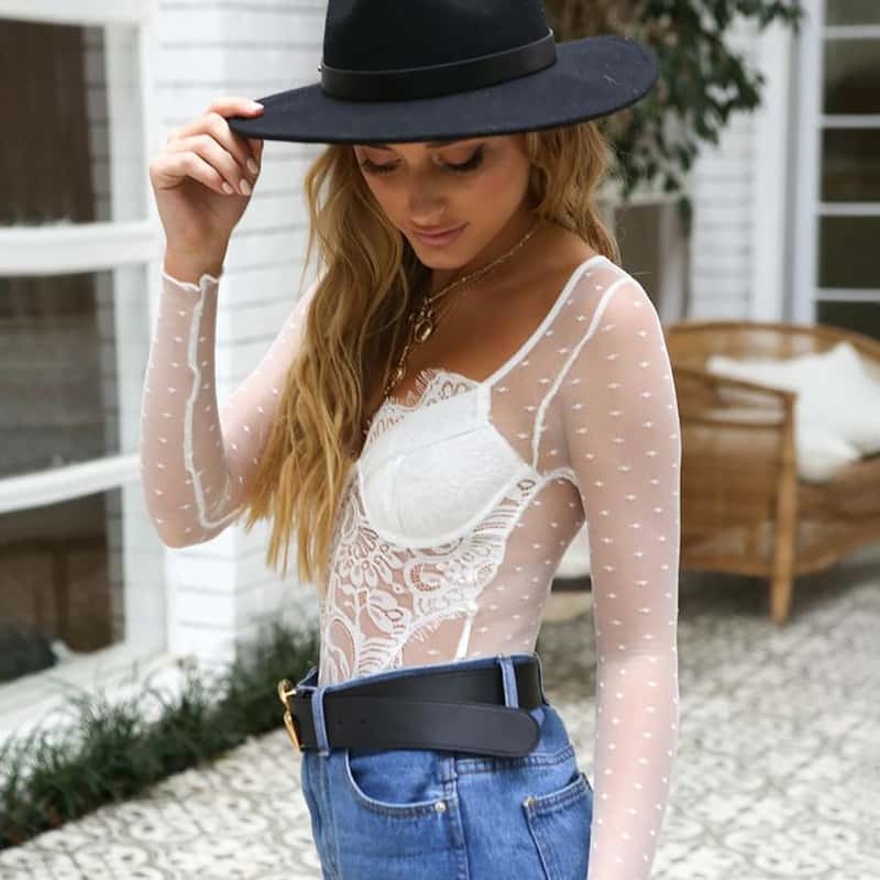 Sexy Mesh See-through Long-sleeved Badysuit Site Show On Model