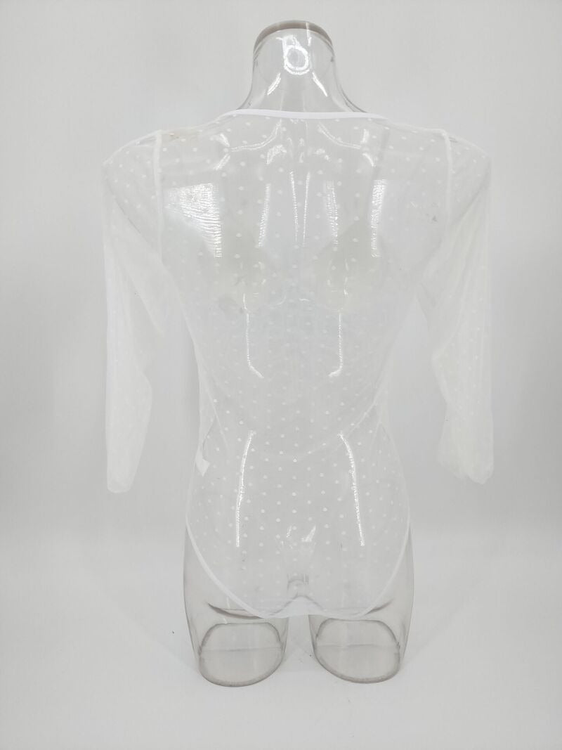 White Sexy Mesh See-through Long-sleeved Badysuit Back View