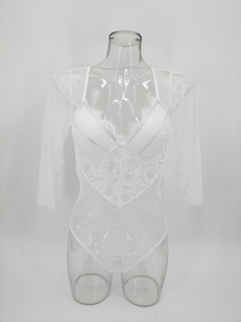 White Sexy Mesh See-through Long-sleeved Badysuit Front View