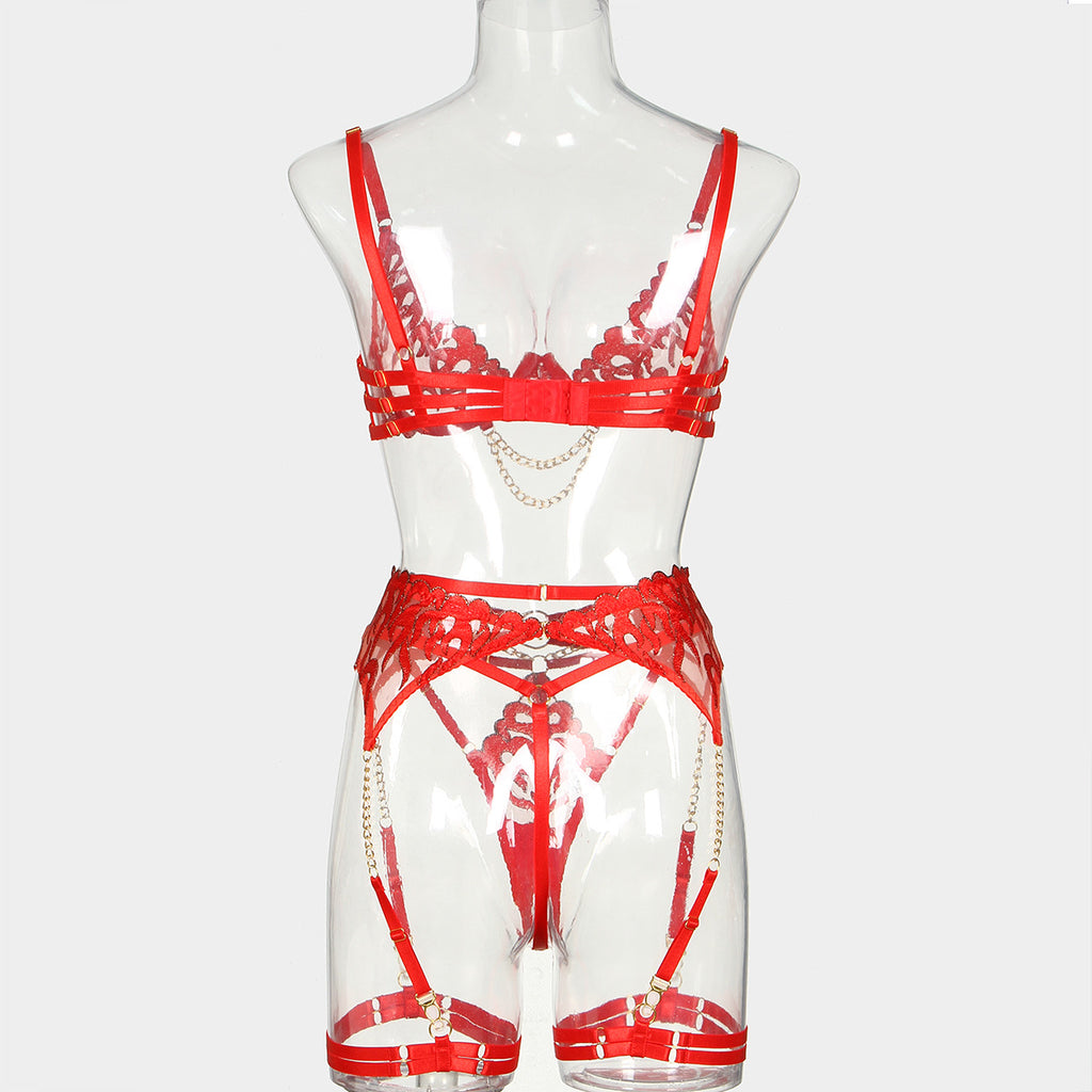 Wholesale Flame Embroidery Sexy Lingerie Four-Piece Set with Chain Bra Back View