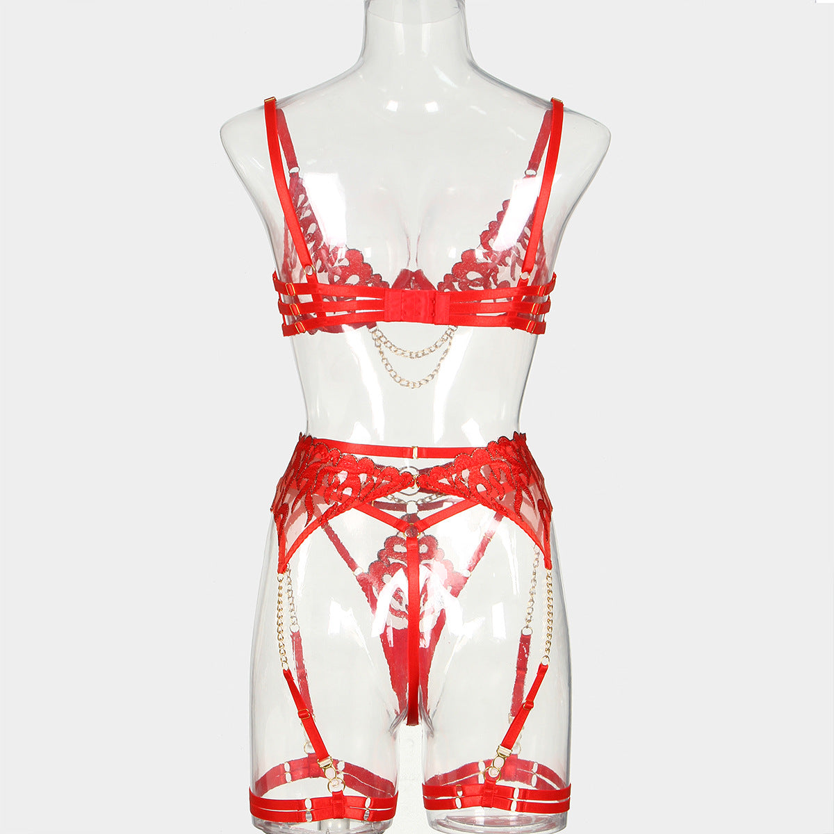 Wholesale Flame Embroidery Sexy Lingerie Four-Piece Set with Chain Bra Back View