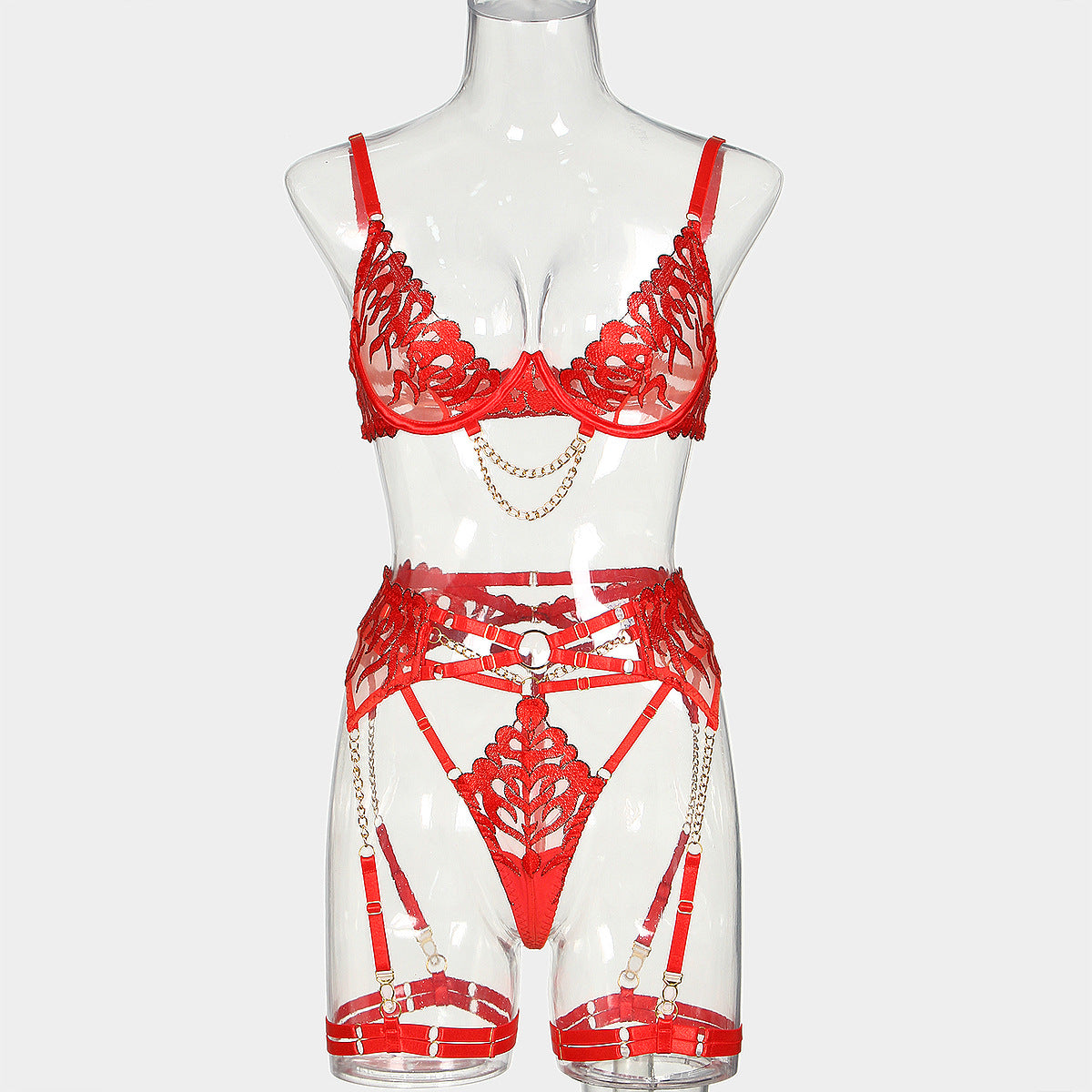 Wholesale Flame Embroidery Sexy Lingerie Four-Piece Set with Chain Bra Front View