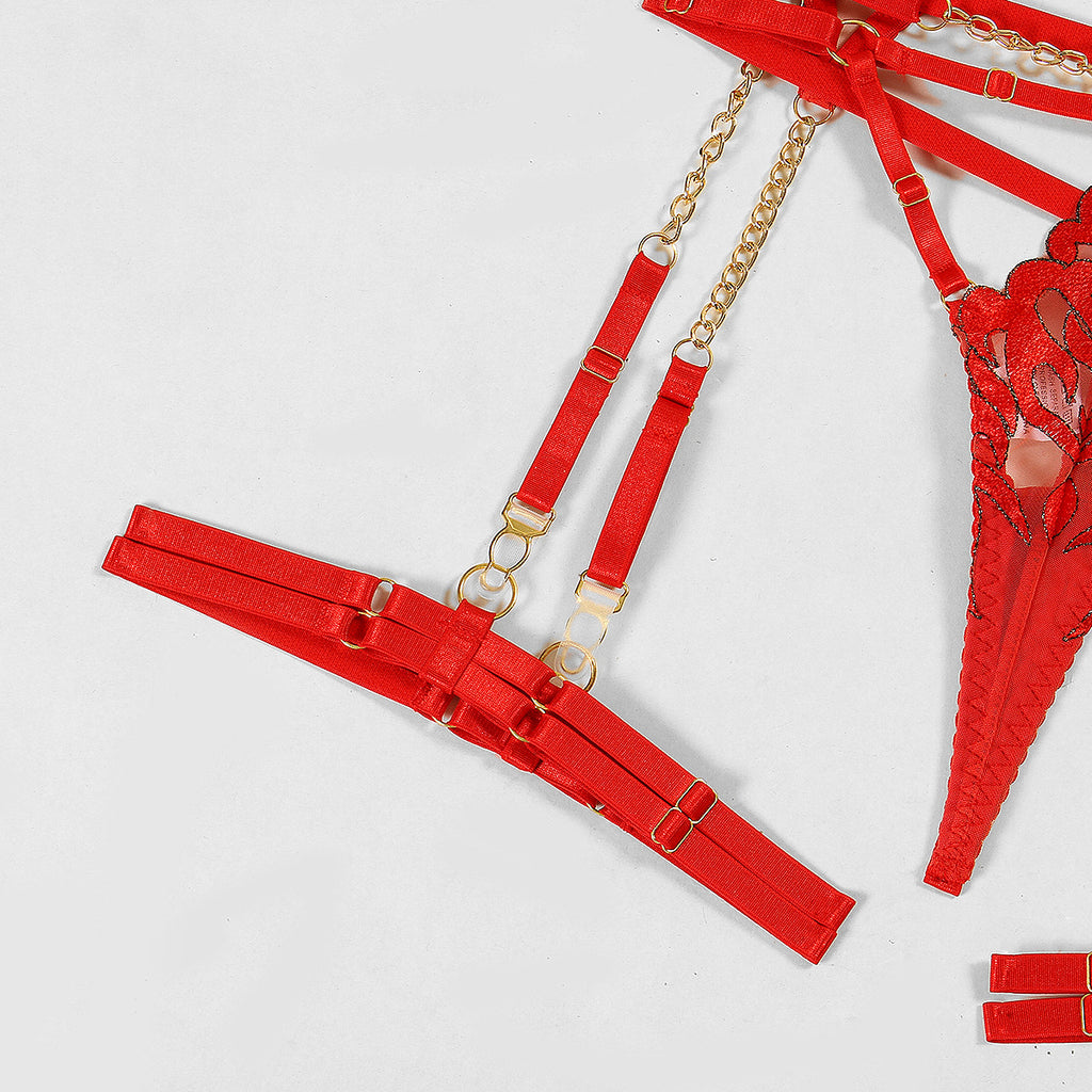 Wholesale Flame Embroidery Sexy Lingerie Four-Piece Set with Chain Bra Leg Ring Details