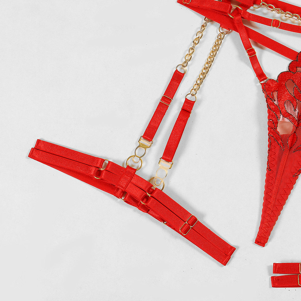 Wholesale Flame Embroidery Sexy Lingerie Four-Piece Set with Chain Bra Leg Ring Details