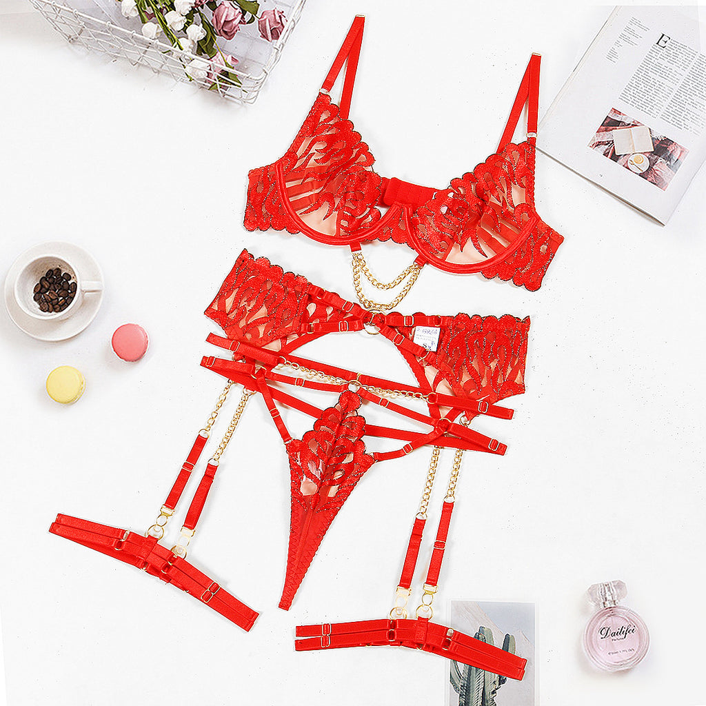 Wholesale Flame Embroidery Sexy Lingerie Four-Piece Set with Chain Bra Over View