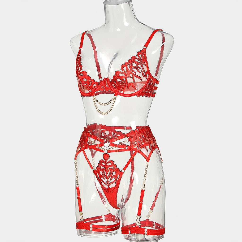 Wholesale Flame Embroidery Sexy Lingerie Four-Piece Set with Chain Bra Side View