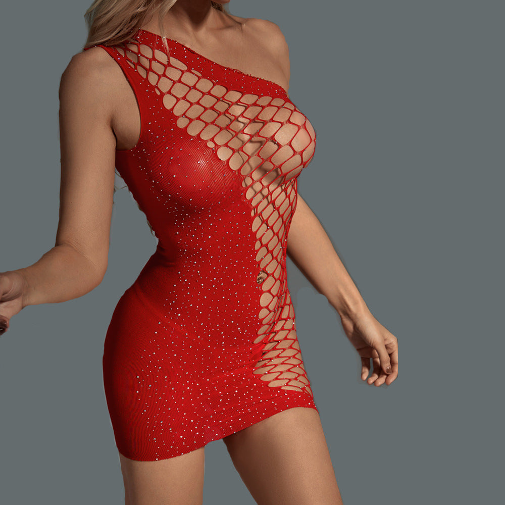 Wholesale One-Shoulder Red Rhinestone Bodystocking Dress