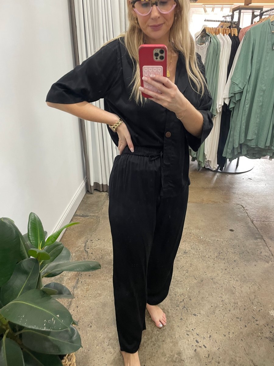 Bamboo Pyjamas - Crop Button Up + Pant Set in Black