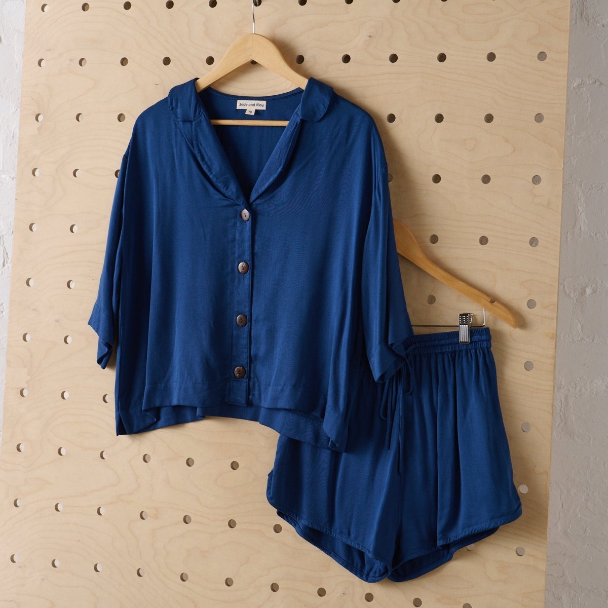 Bamboo Pyjamas - Crop Button Up + Short PJ Set in Navy