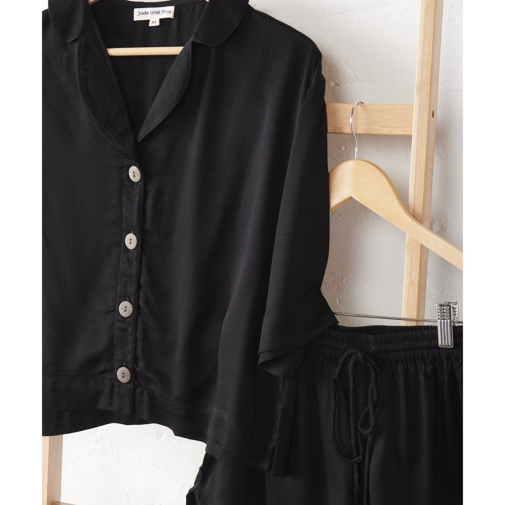 Bamboo Pyjamas - Crop Button Up + Pant Set in Black