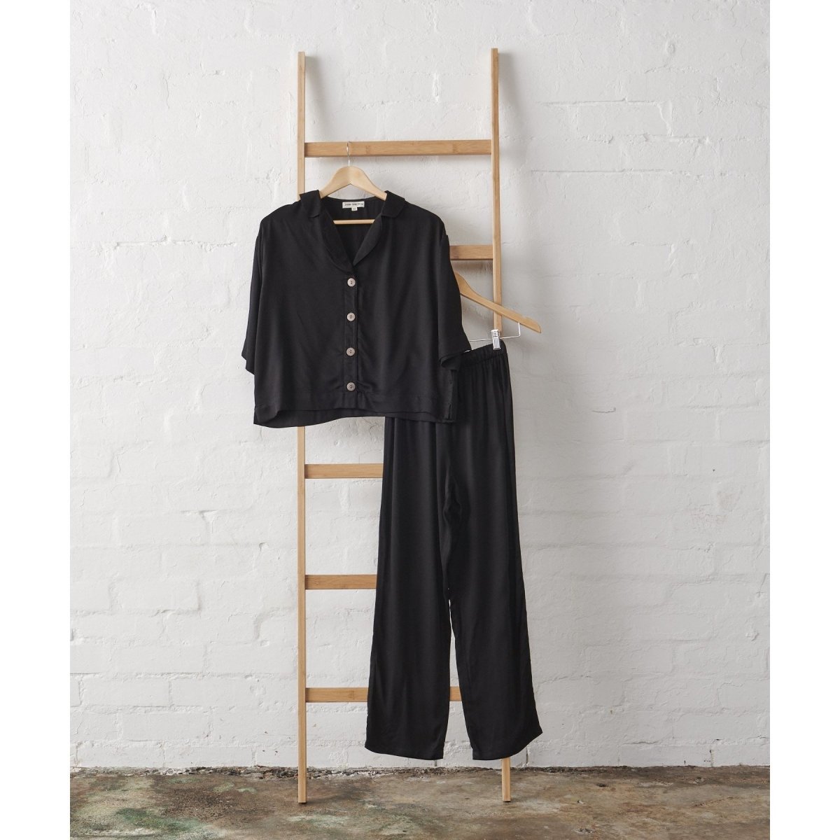 Bamboo Pyjamas - Crop Button Up + Pant Set in Black