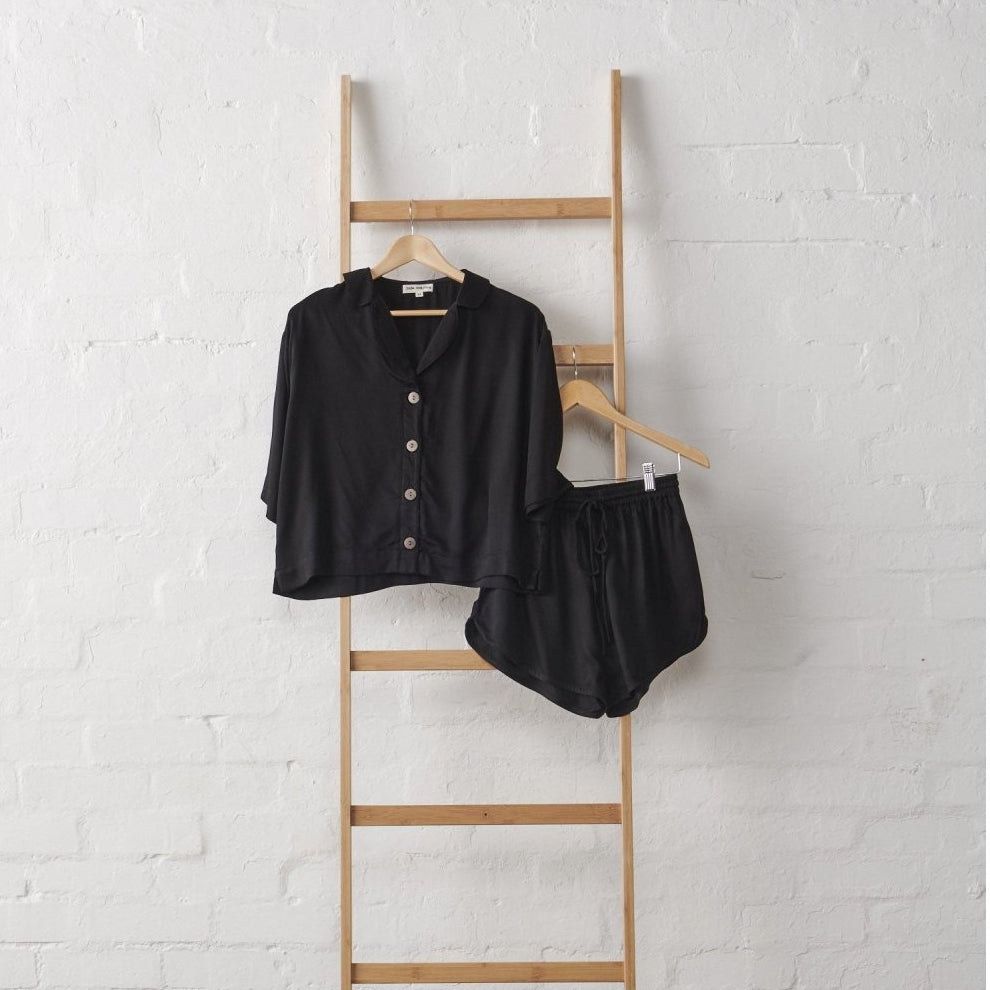 Bamboo Pyjamas - Crop Button Up + Short PJ Set in Black