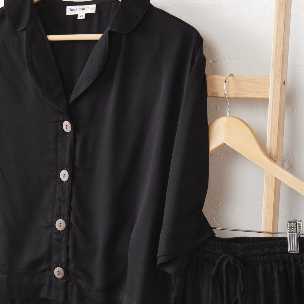Bamboo Pyjamas - Crop Button Up + Short PJ Set in Black